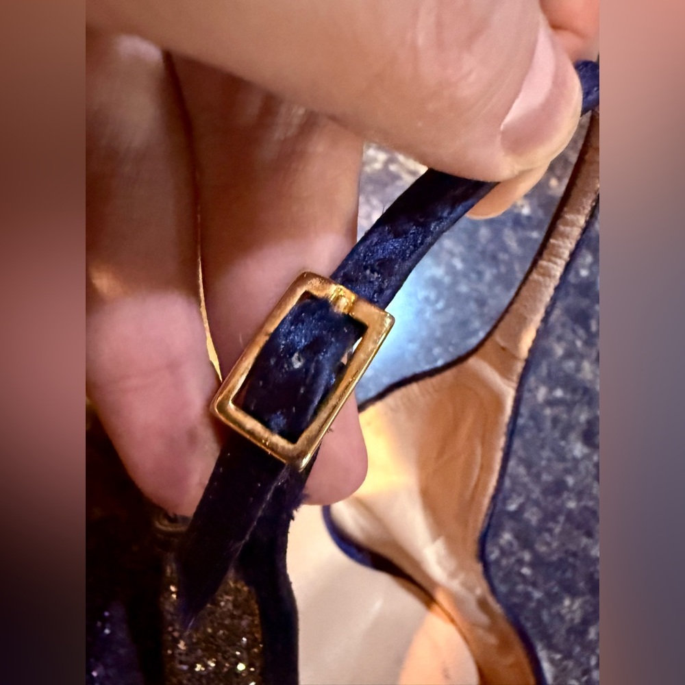 KATE SPADE Italian Leather Navy Blue Multicolor Rainbow Glitter Slingback Heels! - Picture 5 of 7